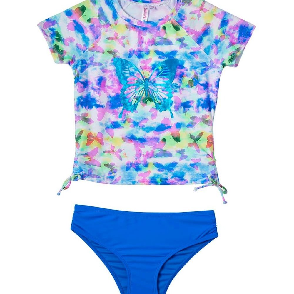 Limited Too Girls Blue & Pink Watercolor Butterfly Rashguard Set--size 14/16
